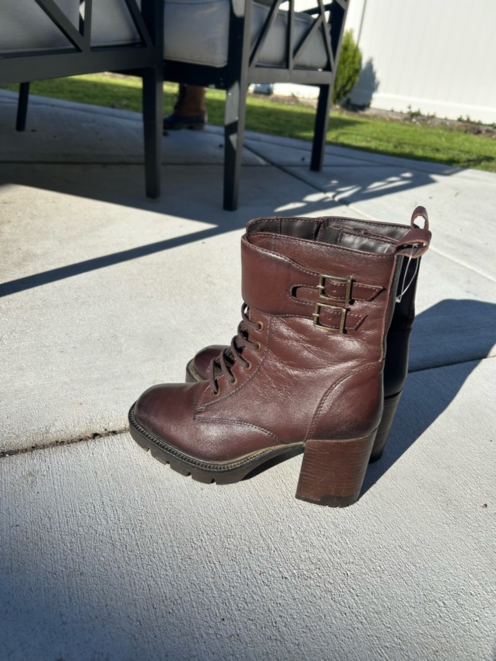 Women's Dark Brown Lace-Up Block Heel Ankle Boots with Buckle Detail